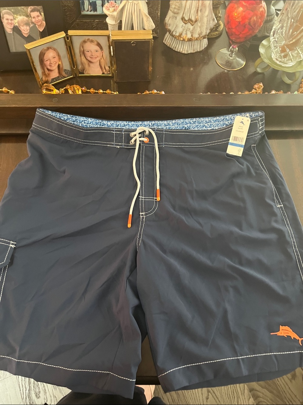 Tommy Bahama Navy Swim Board Shorts with Orange Accents